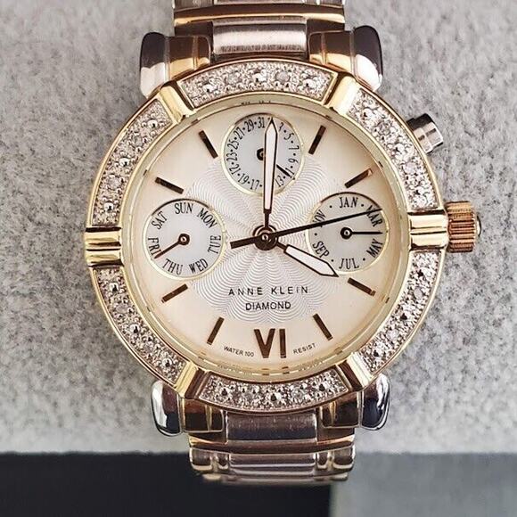 Anne Klein Diamond Women’s Dress Watch‎ 30mm Chronograph MOP Dial Gold Tone - Picture 1 of 11